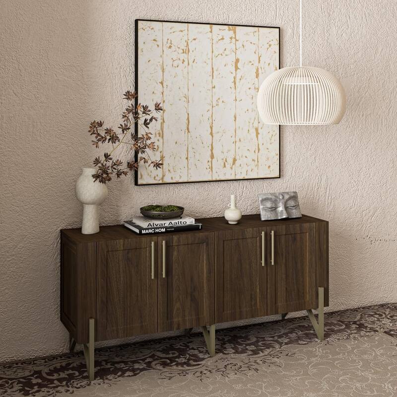 Roomfitters Walnut Finish Mid-century TV Stand Media Console, TV unit Sideboard with Gold Metal Legs - W59"xL17.71"xH27.55"