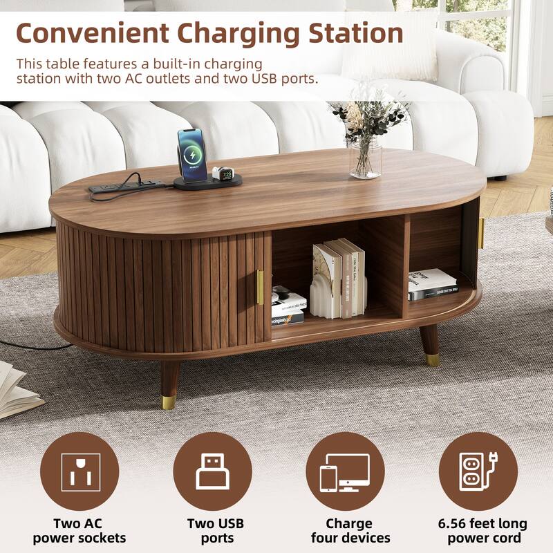 42.5" Wood Oval Coffee Table with Charging Station, Mid-Century Center Table with Sliding Tambour Door, Farmhouse Cocktail Table