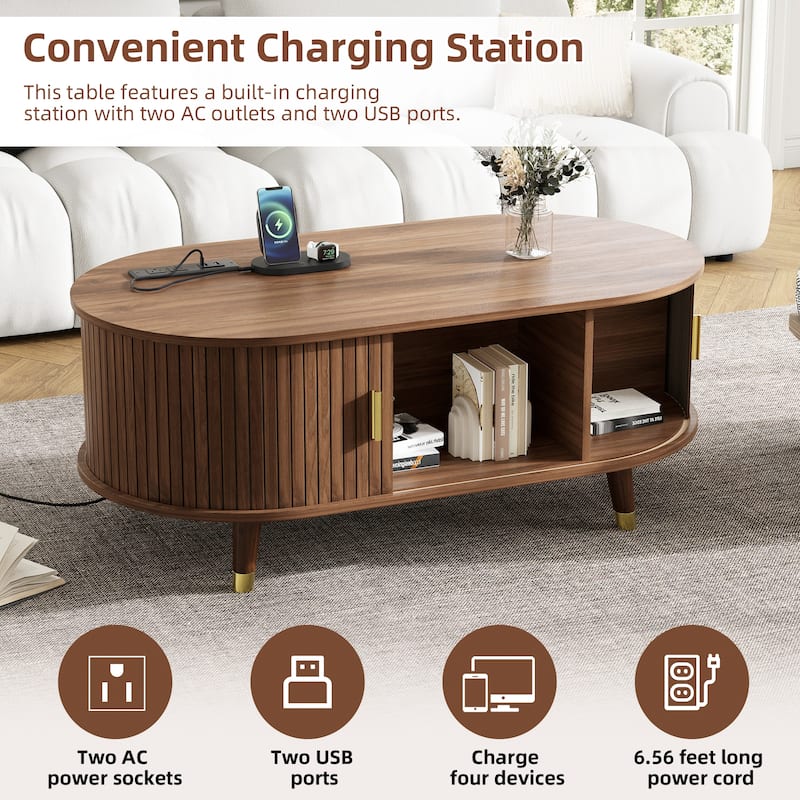 Mid-Century Modern Oval Coffee Table with Sliding Tambour Door, Charging Station and Solid Wood Legs, for Living Room