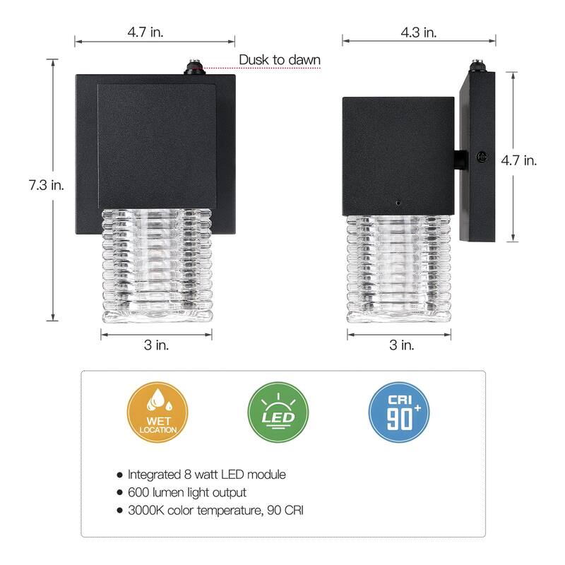 Black Dusk to Dawn LED Outdoor Wall Sconce Light Set of 2 - 7.3 in. H
