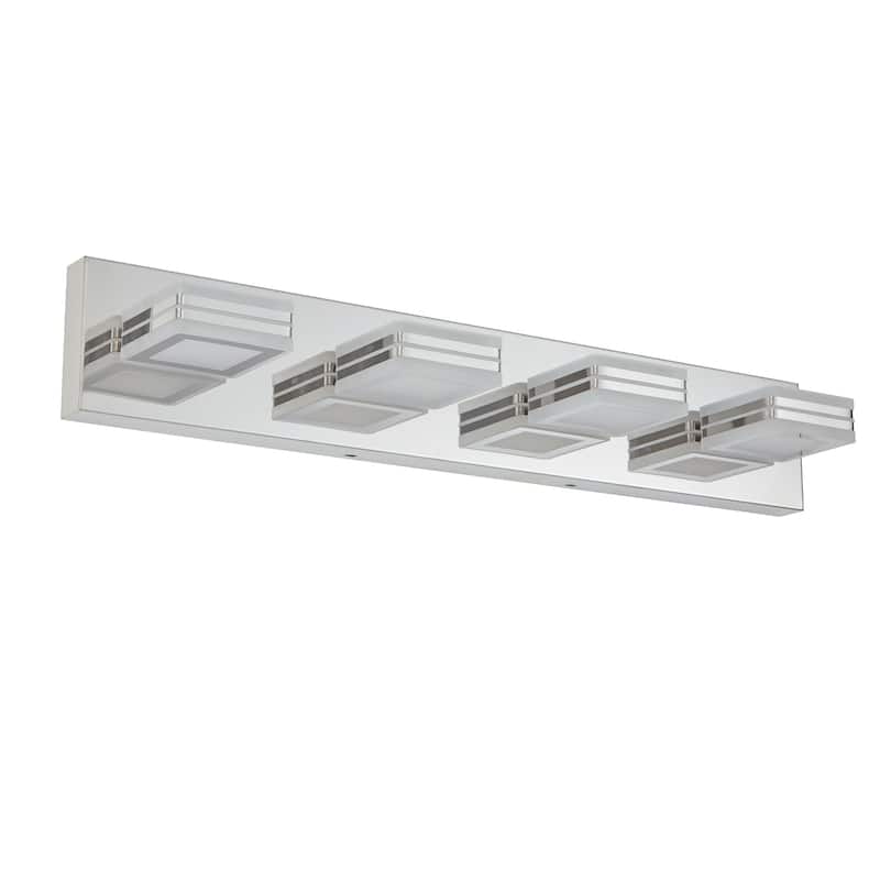26" Modern Chrome 4-Light LED Vanity Light, Square Acrylic Lampshades Wall Mount Fixture for Bathroom, Mirror Lighting