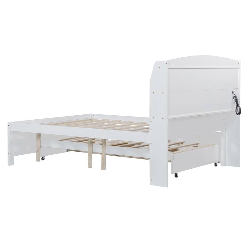 Wooden Platform Bed with Pull Out Trundle Bed and Drawers, All-in-One LED Headboard with Charging Station and Flip Up Storage