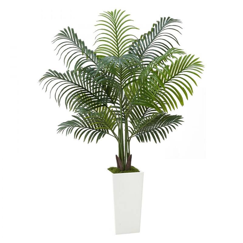 Green Lifelike Faux Areca Palm Tree with Moss-Covered Planter for Indoor Plant Decoration