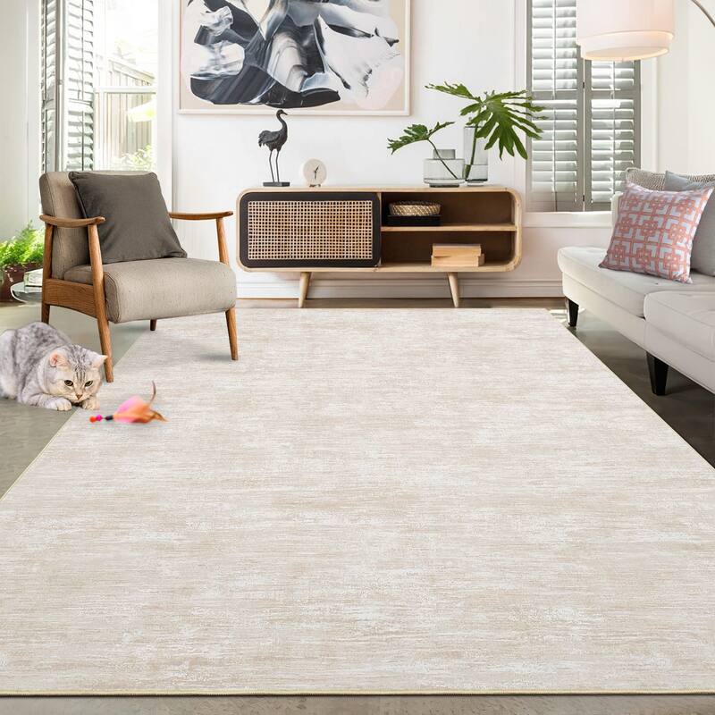 Rugs for Living Room Modern Abstract Area Rug Non-Slip Low Pile Accent Rug Soft Foldable Solid Rug - 10'x13' - Beige
