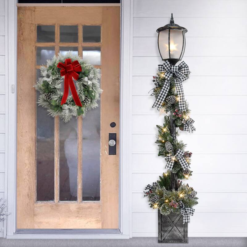 Pre-Lit Artificial Lamp Post with Plaid Bow - 7' - Warm White LED Lights