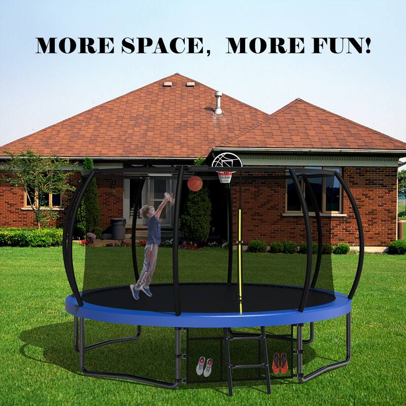 12FT Recreational Kids Trampoline with Safety Enclosure Net Ladder, Outdoor Recreational Trampolines