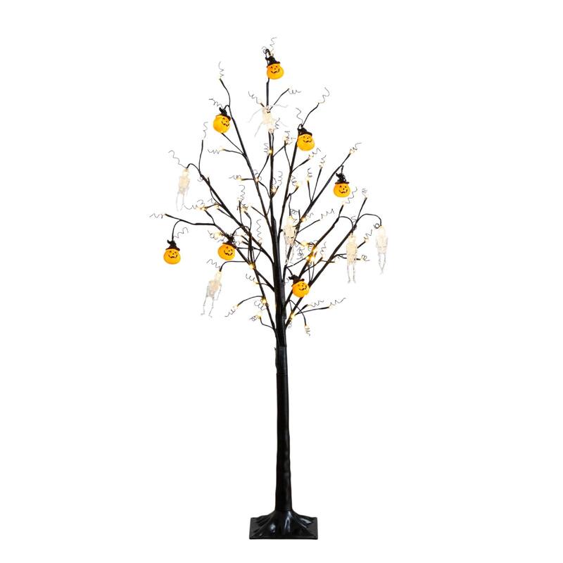 Pre-Lit Halloween Skulls and Pumpkins Artificial Twig Tree - 5' - LED Lights