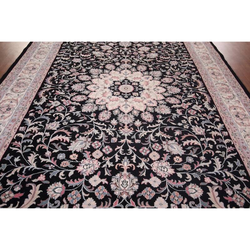 Black Floral Kashan Indian Area Rug Handmade Wool Carpet - 9'2"x 11'10"