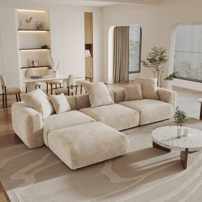 141.73 " Corduroy Large Reversible Modular Sectional Sofa L-Shape Couch with Otoman and Pillow