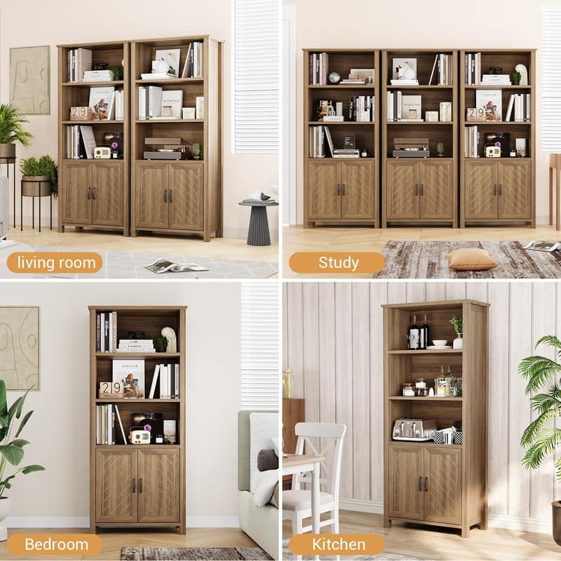 5-Tier Farmhouse Bookshelf with Doors Adjustable Shelf and Stable Legs