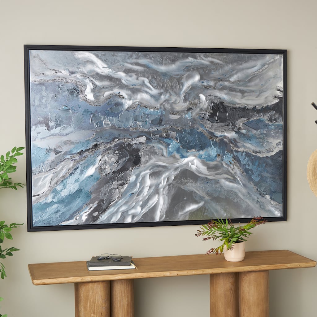 Blue Canvas Abstract Living Room Framed Wall Art with Silver Foil Accents and Black Frame