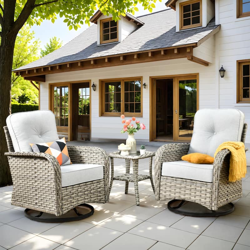 OVIOS 10 Pieces Outdoor Wicker Swivel Chair Set With Solar-Powered Coffee Table