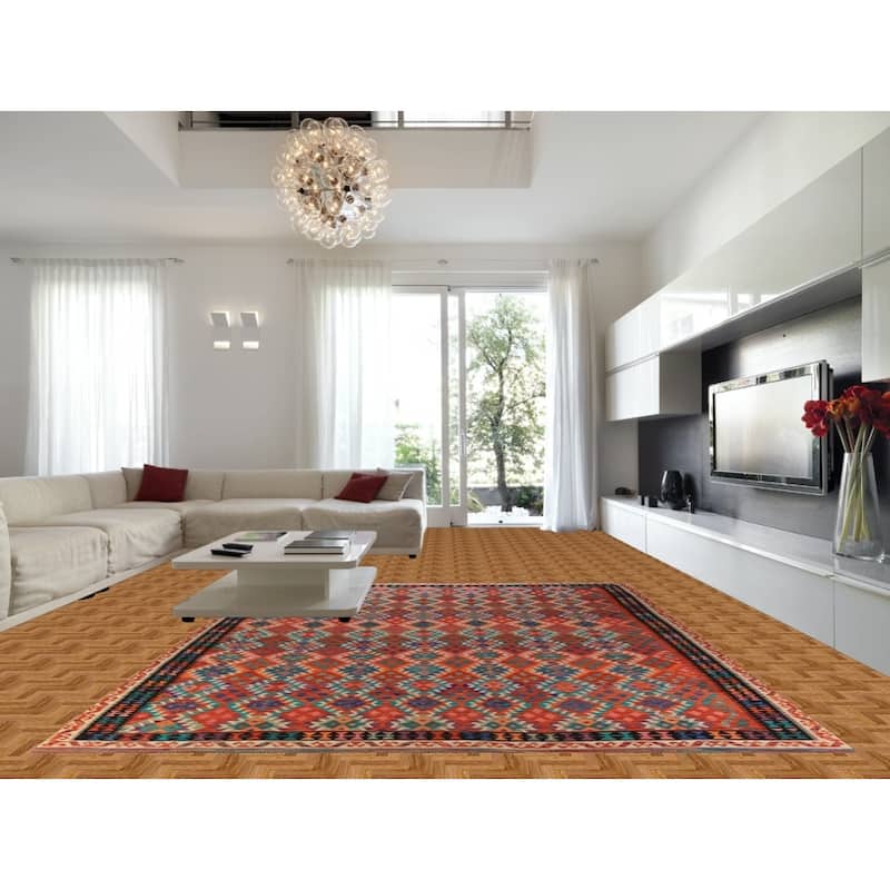 Reversible Kilim Oriental Rug Hand-Woven Geometric Wool Carpet - 10'8"x 13'3"