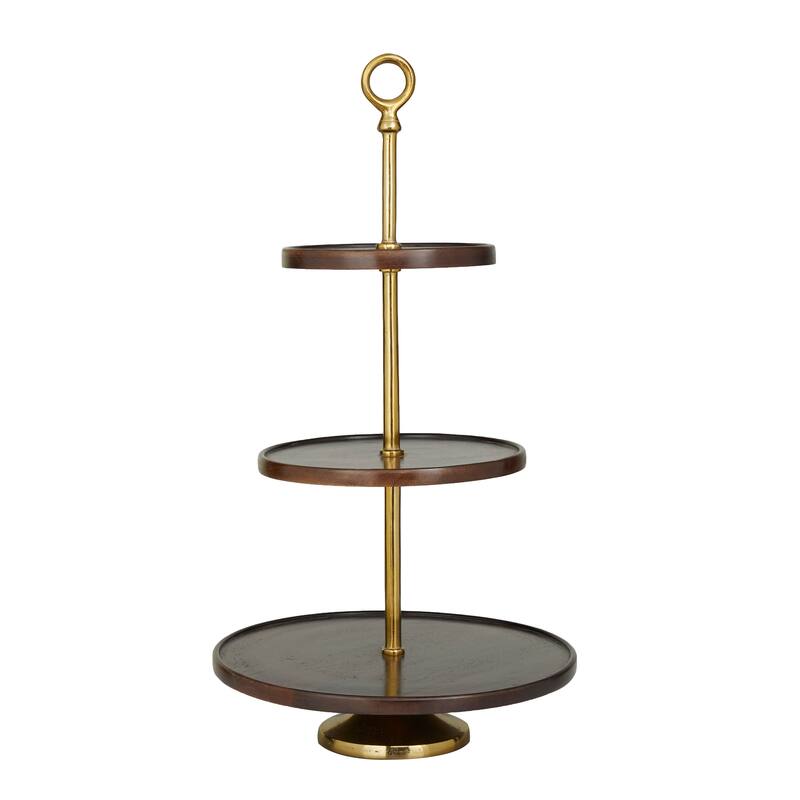 Dark Brown Mango Wood Tiered Server with Aluminum Bases or Gold Stand - 2 Tier or 3 Tier