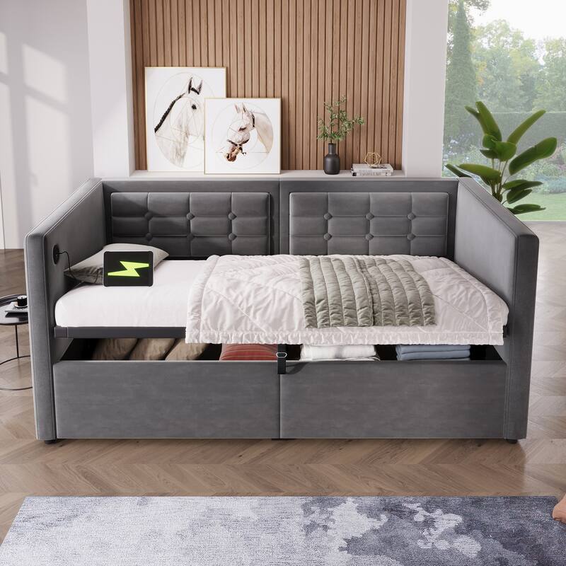 Velvet Tufted Upholstered Daybed Hydraulic Storage Twin Bed Frame with USB & Type-C Charging, Side Pockets and Wooden Slats - Grey - Twin