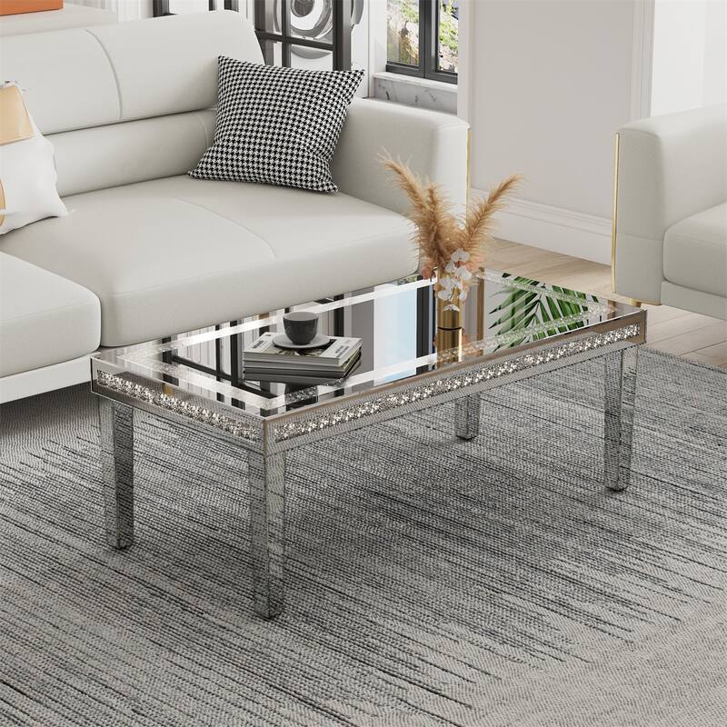 47.24” Long Luxury Modern Rectangular Mirrored Coffee Table with Crystal Diamonds Inlay, Living Room Center Table