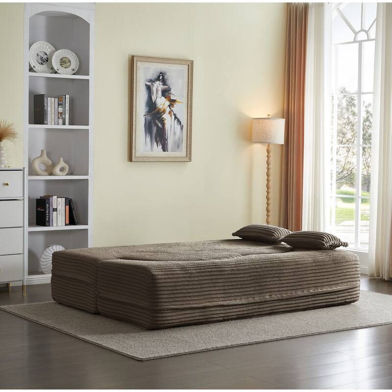 Floor Sofa With 2 Pillows,Convertible Plush Corduroy Foam-Filled Sleeper Sofa Bed,15" Full Size Folding Mattress,Guest Bed