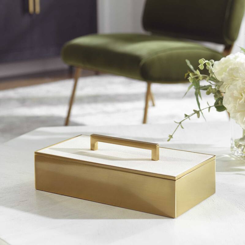 Rectangular Box with Lid and Handle - 14" - Brass Finish