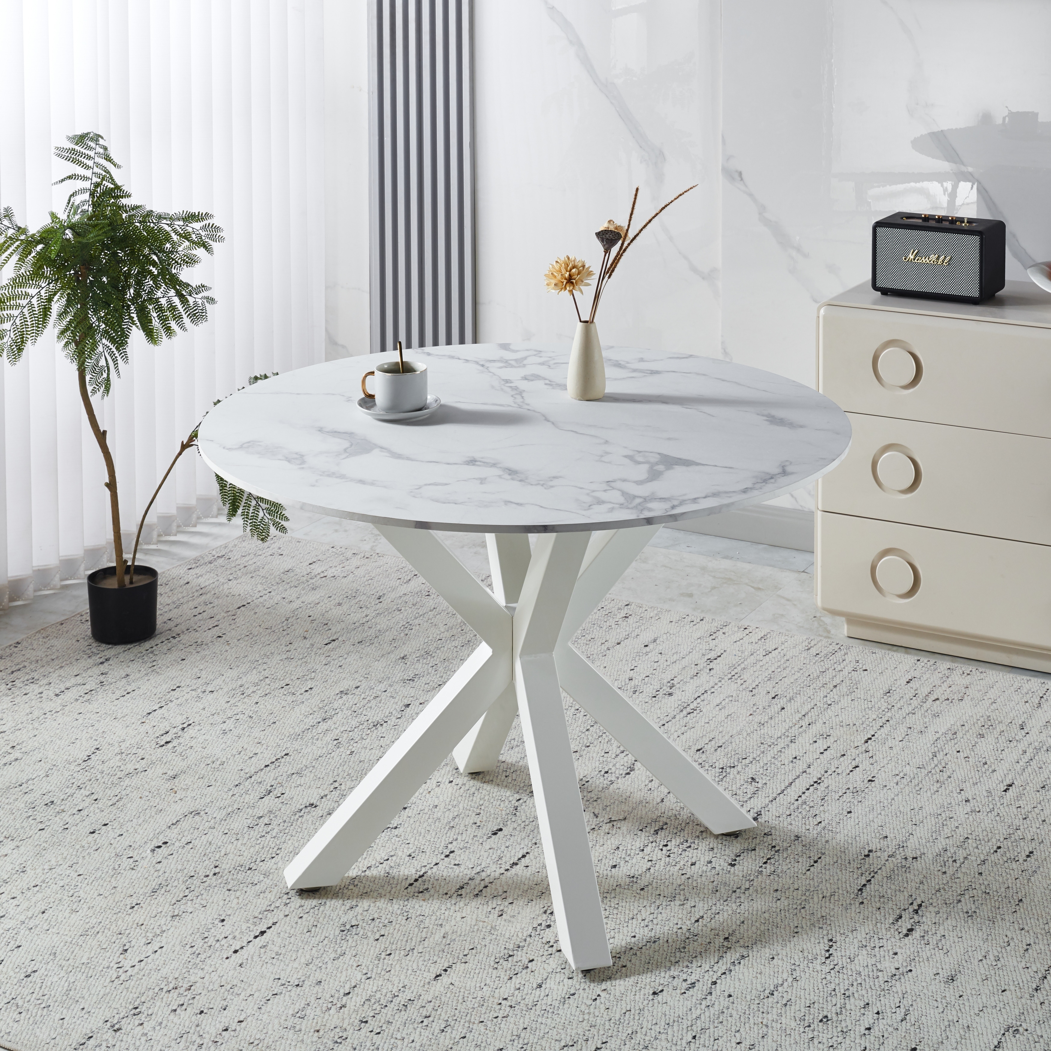 42.1"WHITE Table cross leg Mid-century Dining Table for 4-6 people With Round Mdf Table Top, Pedestal Dining Table - White