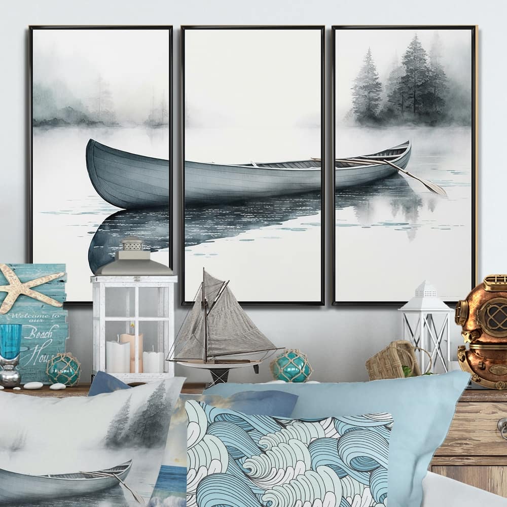Designart "Canoe On The Lake II" Coastal Boat Framed Canvas Art Print - 3 Panels
