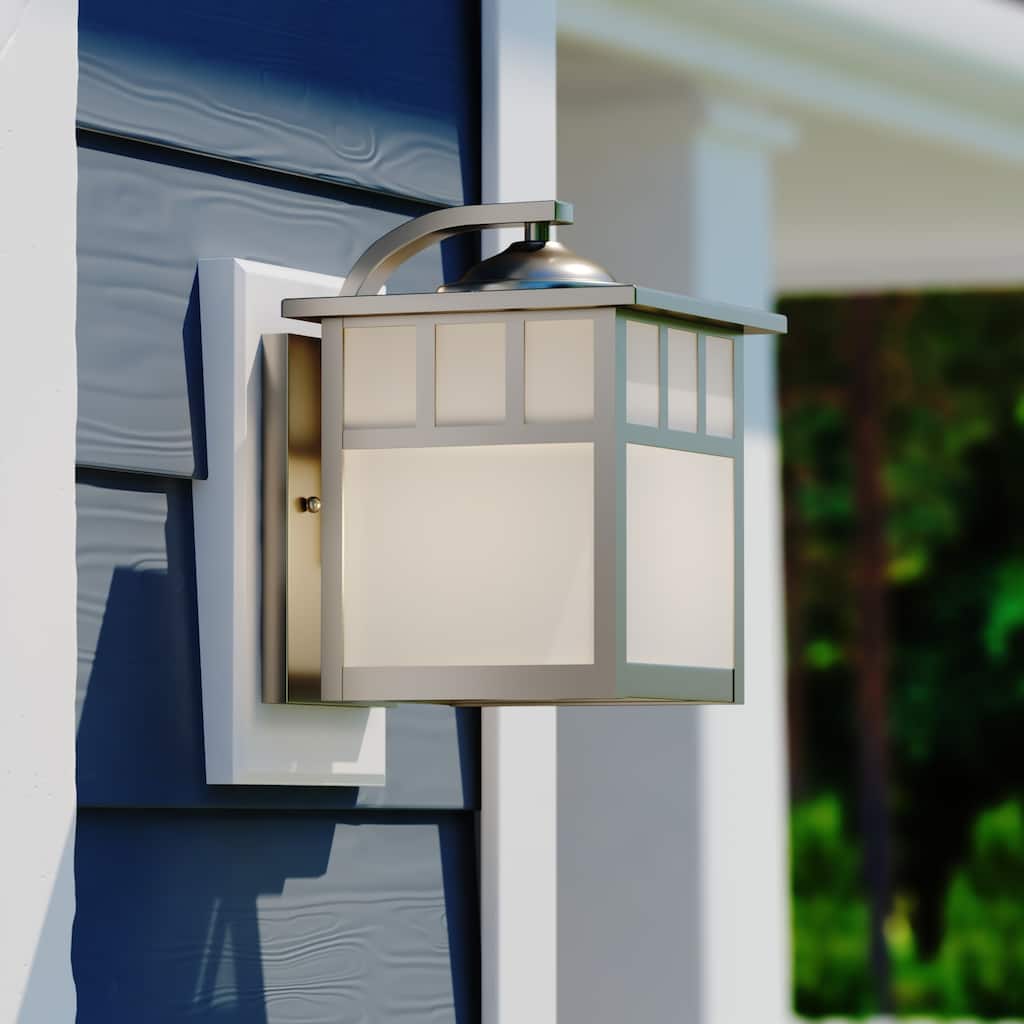 VAXCEL Mission 9.5 in. H 1-Light Stainless Steel Mission Outdoor Wall Sconce, Steel, White Tiffany Glass Shade