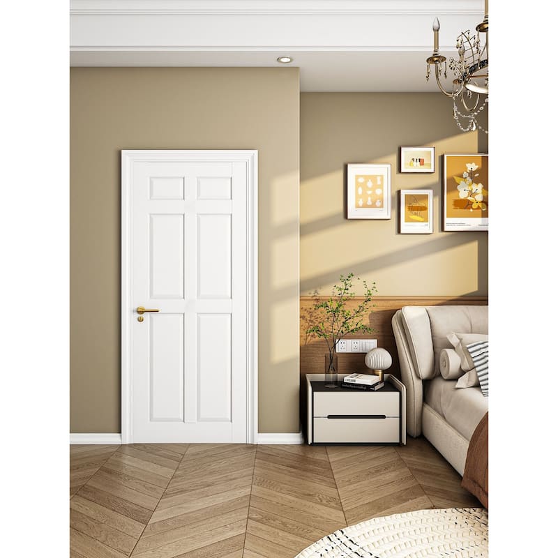 80''H White 6 Panel Solid Wood Slab Solid Wood Primed Shaker Standard Interior Door - 28X80