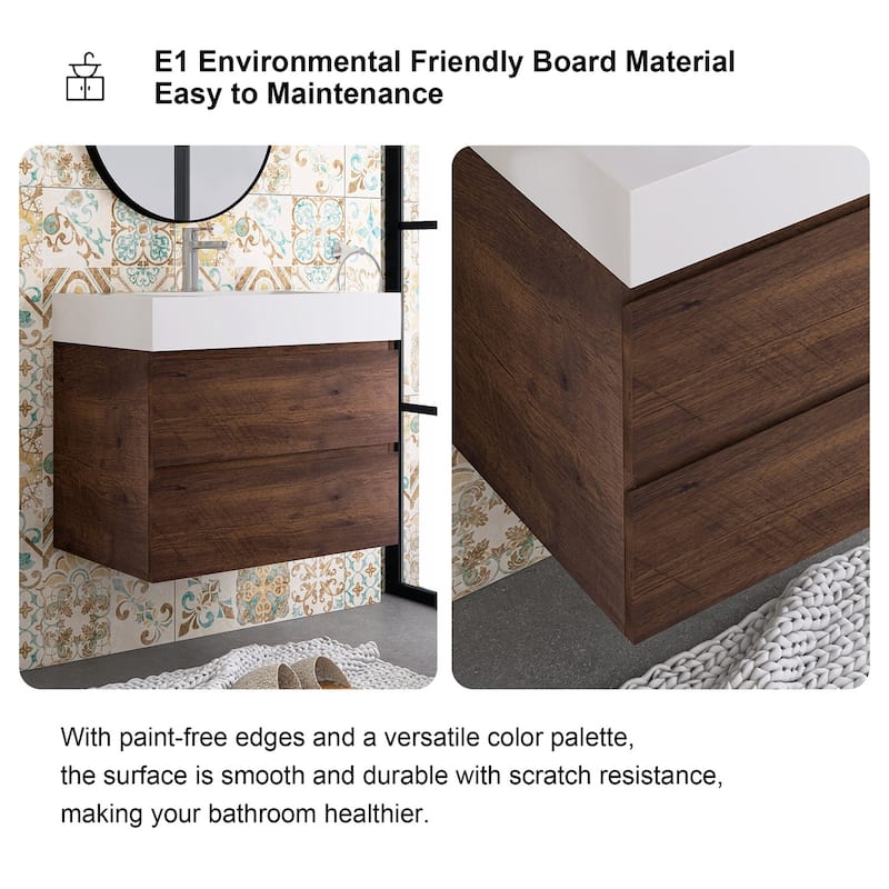 Wood Wall-Mounted Bathroom Vanity Set with White Integrated Resin Sink