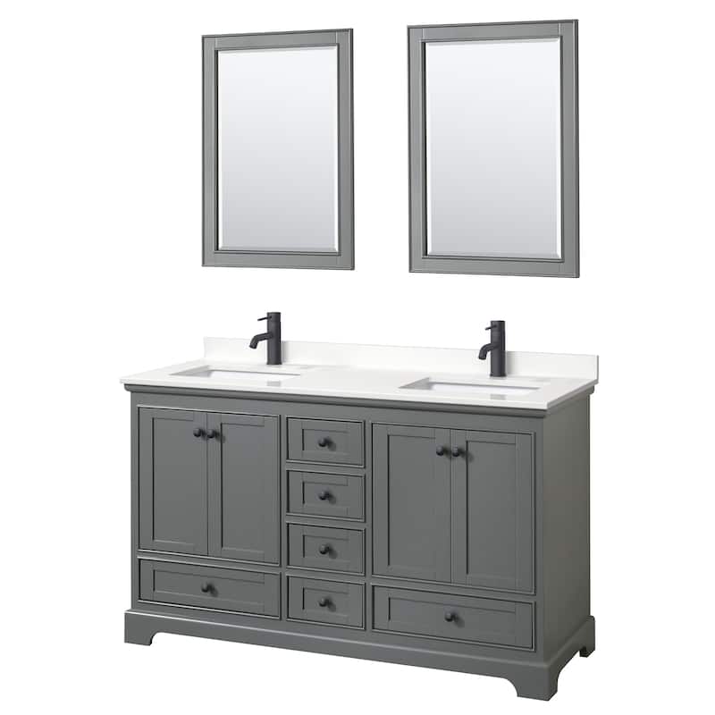 Deborah 60-inch Double Vanity, Quartz Top, 24-inch Mirrors - Dark Gray, Black Trim, White Quartz Top