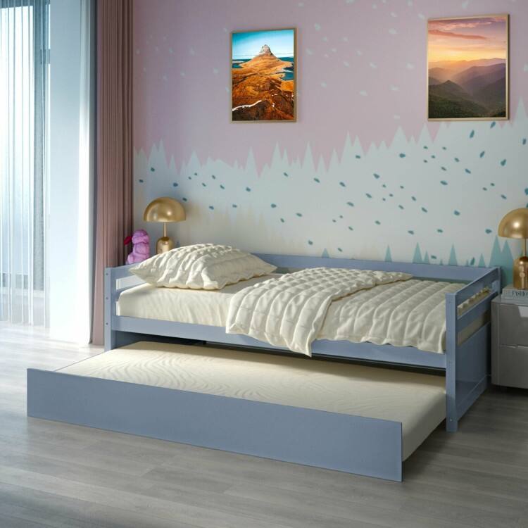 Metal Twin Size Trundle Platform Bed Frame with Wooden Slat Support and Space-Saving Design