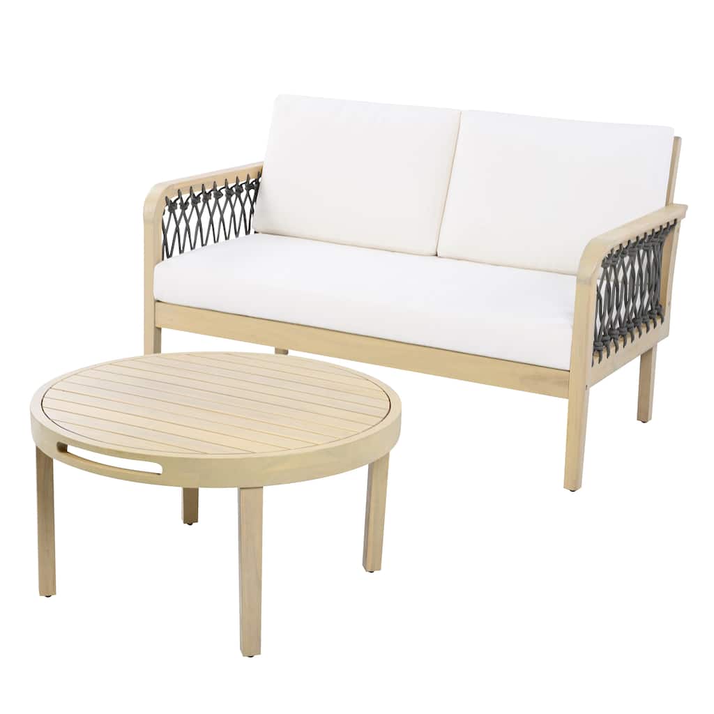 Christopher Knight Home - Outdoor Acacia Wood Loveseat and Coffee Table Set with Handwoven Rope - Loveseat + Table