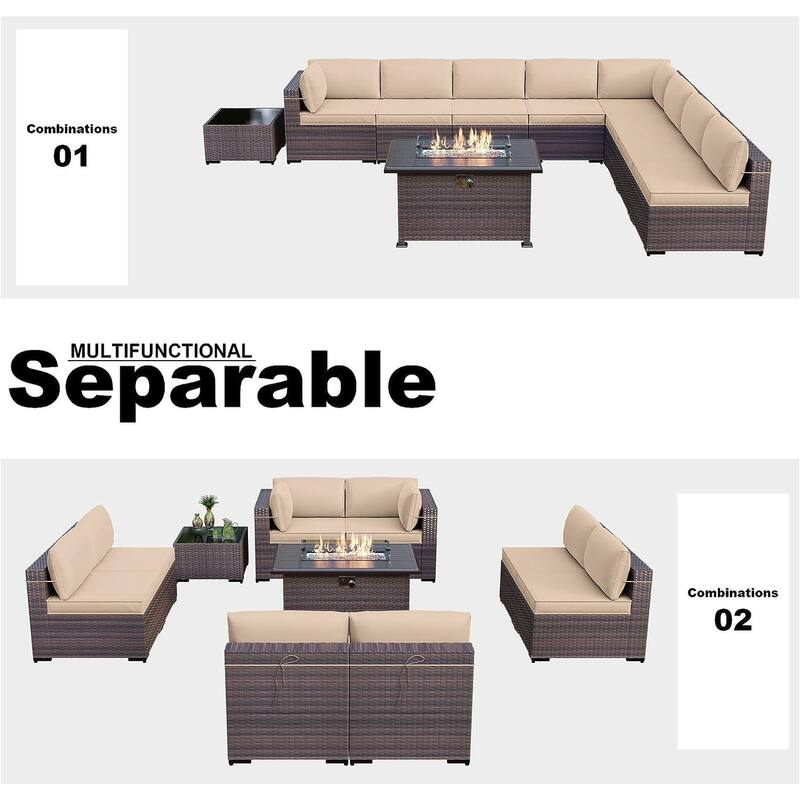 Kullavik 10 Pieces Outdoor Patio Furniture Set with Fire Pit Table