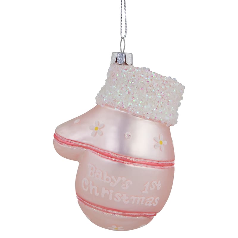 4" Baby's 1st Christmas Pink Mitten Glass Ornament