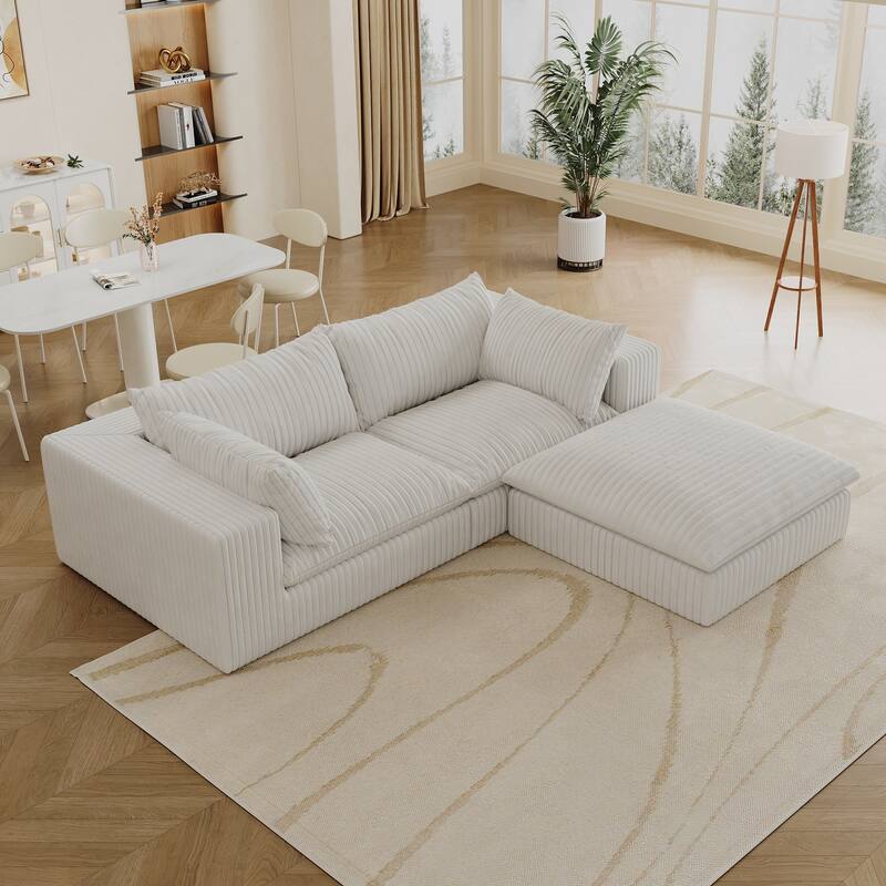 39.8" Corduroy Fabric Deep Seat Sofa, White, Double - layer, Removable Cushion, No Assembly, DIY Combination