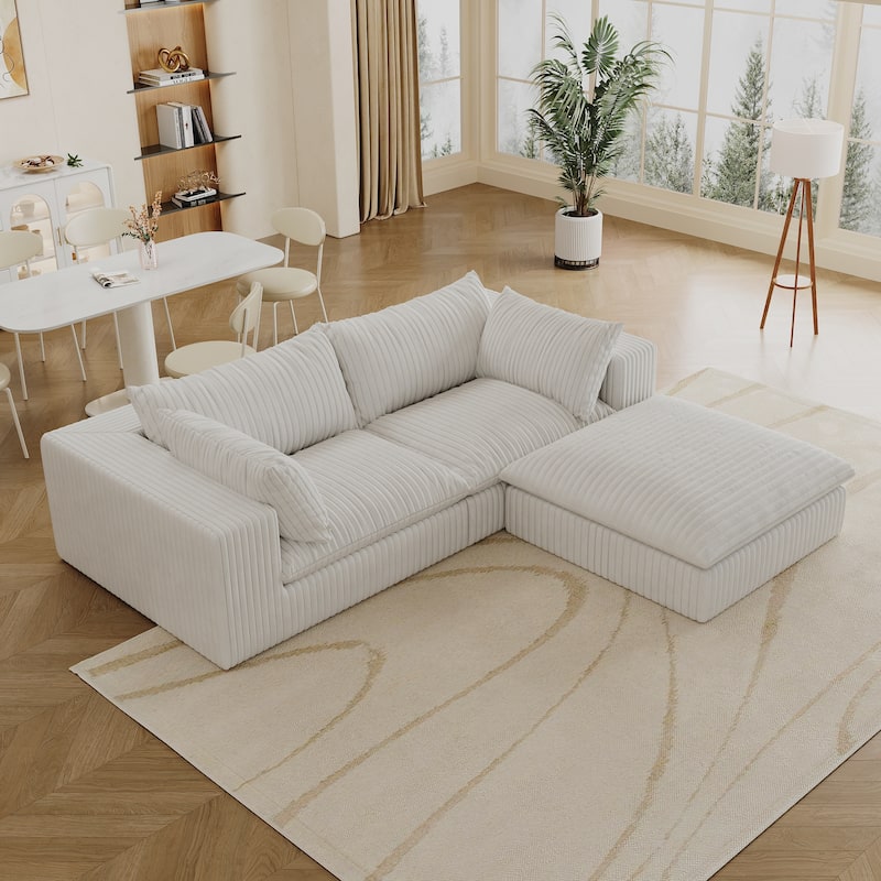 Corduroy Loveseat & Ottoman Set, L-shaped Sectional Sofa with Double-layer Seat Cushions, Modular Chaise Lounger Couch