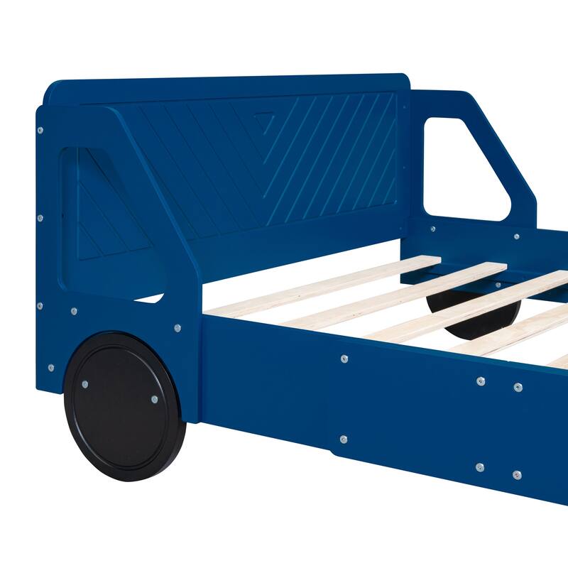 Car Shaped Platform Bed with Wheels, Wooden Car Shaped Kids Bed Frame