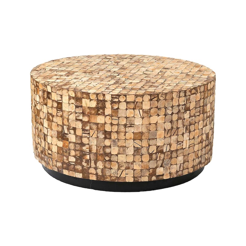 Reclaimed Wood Teak Coffee Table With Coconut Shells by East at Main - Medium - Light Natural