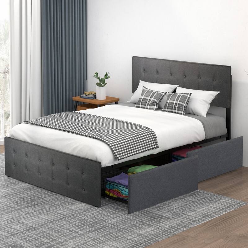 Full Size Upholstered Bed Frame with Adjustable Headboard - Queen