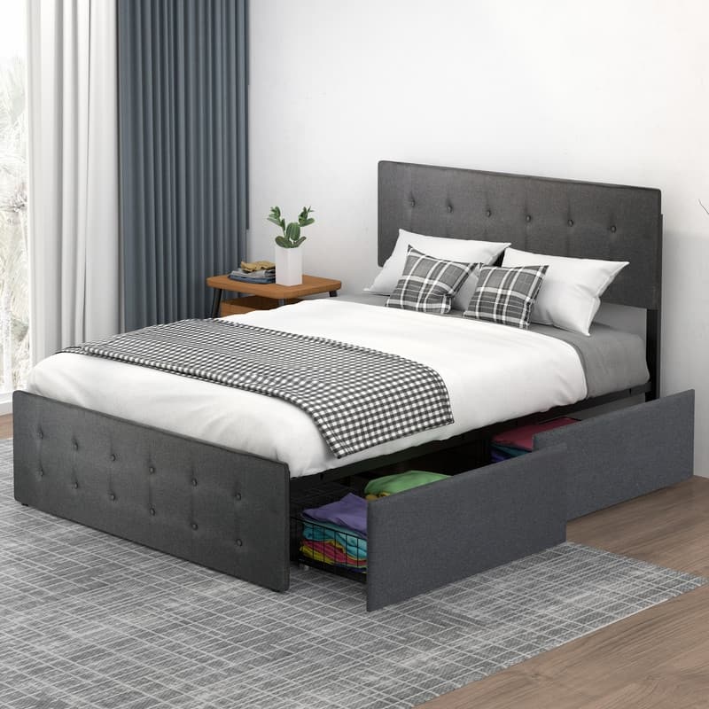 Full Size Upholstered Bed Frame with Adjustable Headboard