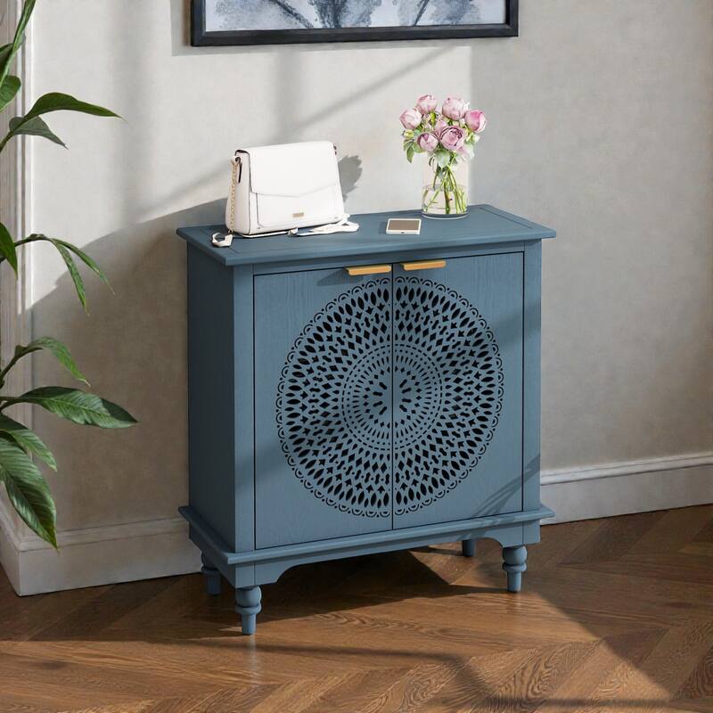Hollow Carved 2-Door Accent Cabinet Storage Sideboard Buffet with Shelf, MDF Wood Cabinet for Entryway Living Room Bedroom