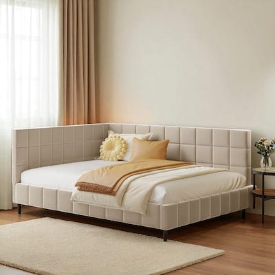 Full Size Upholstered Mid-Century Daybed Sofa Bed Frame with Velvet Fabric and Slats Support