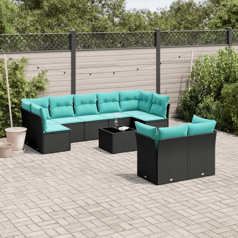 vidaXL 9/10 Piece Patio Sofa Set with Cushions Black/Brown/Gray Poly Rattan - 21.7 x 24.4 x 27.2 - Black and blue With table