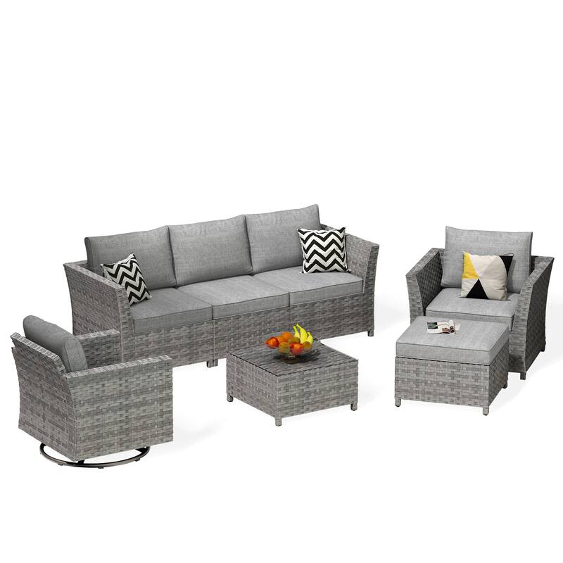 HOOOWOOO 7-piece PE Wicker Outdoor Furniture Sectional Set with Swivel Rocking Chair
