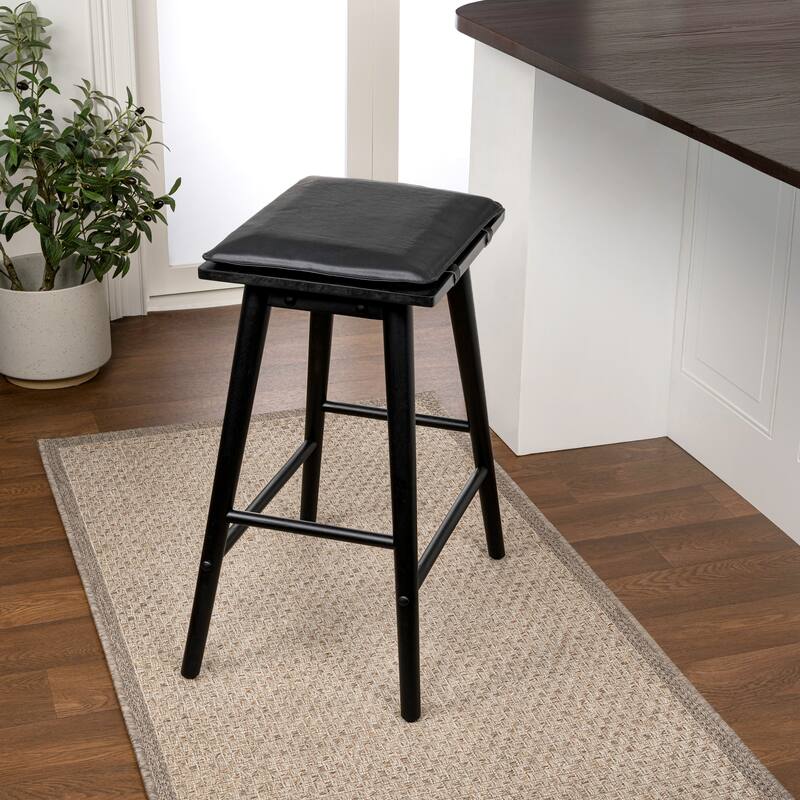Saddle-Seat Solid Wood/Vegan Leather Backless Stool with Removeable Cushion, By JONATHAN Y - Counter Height - Black