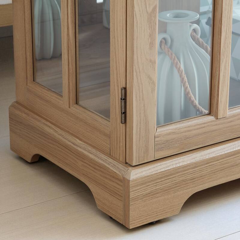 LED Lighted Curio Display Cabinet with Adjustable Shelves, Retro Glass Showcase and Lattice Doors