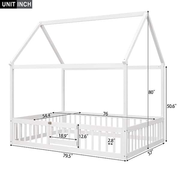 dimension image slide 1 of 2, Twin/Full Wood House Bed with Fence & Roof - Enclosed Play Area for Kids