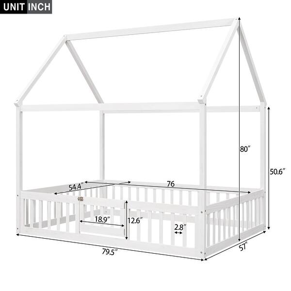 White Full Pine House Bed with Fence, Door, Solid Construction