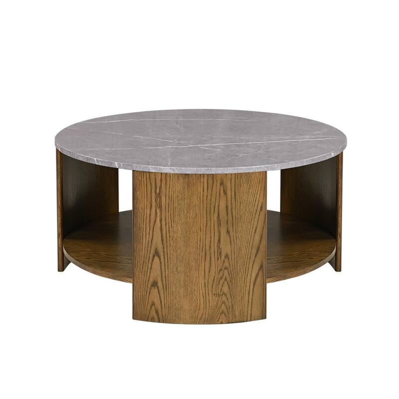 Roomfitters 36-Inch Round Mixed Material Coffee Table, Gray Faux Marble Top with Provincial Oak Storage Shelf