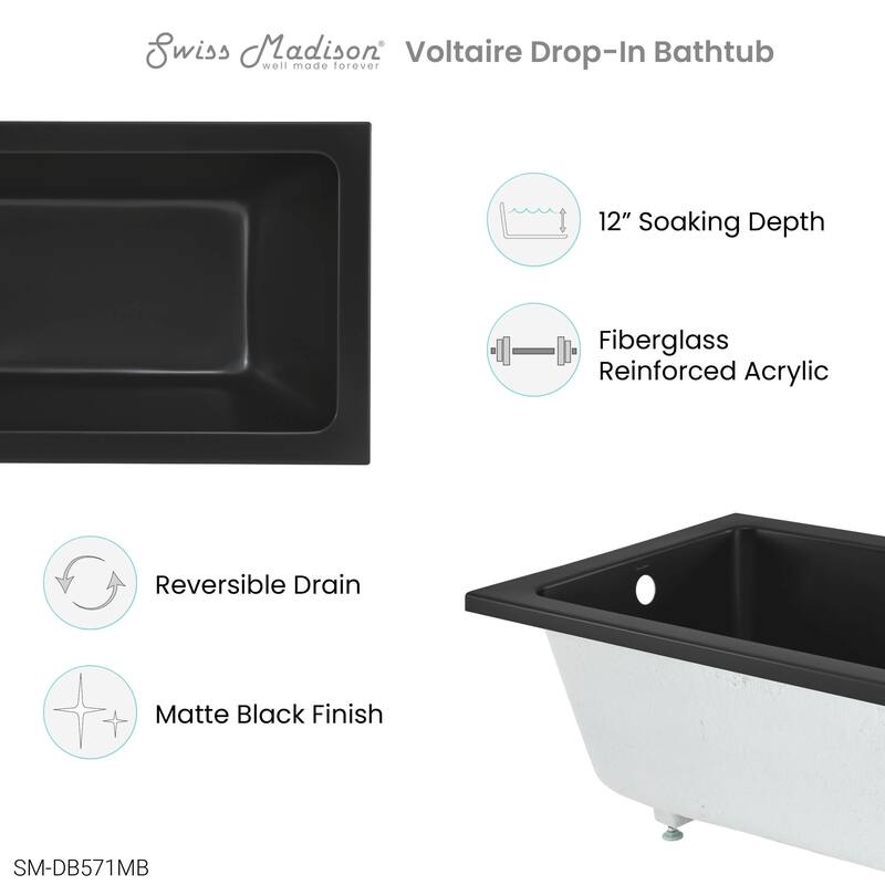 Voltaire 48"X32" Reversible Drain Drop-In Bathtub In Matte Black - 48x32 Reversible