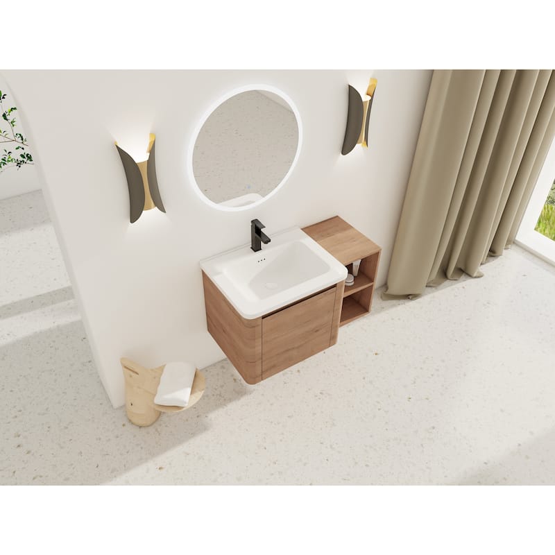 36'' Wall-Mounted Bathroom Vanity with White Ceramic Sink and Storage Shelves & 1-Soft-Close Door, KD-Packing, Plywood