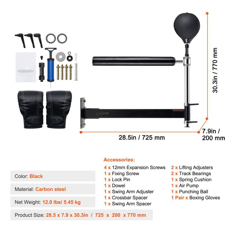 Wall Mount Boxing Spinning Bar with Punching Ball and Gloves - 28.9 x 9.1 x 6.9 inch